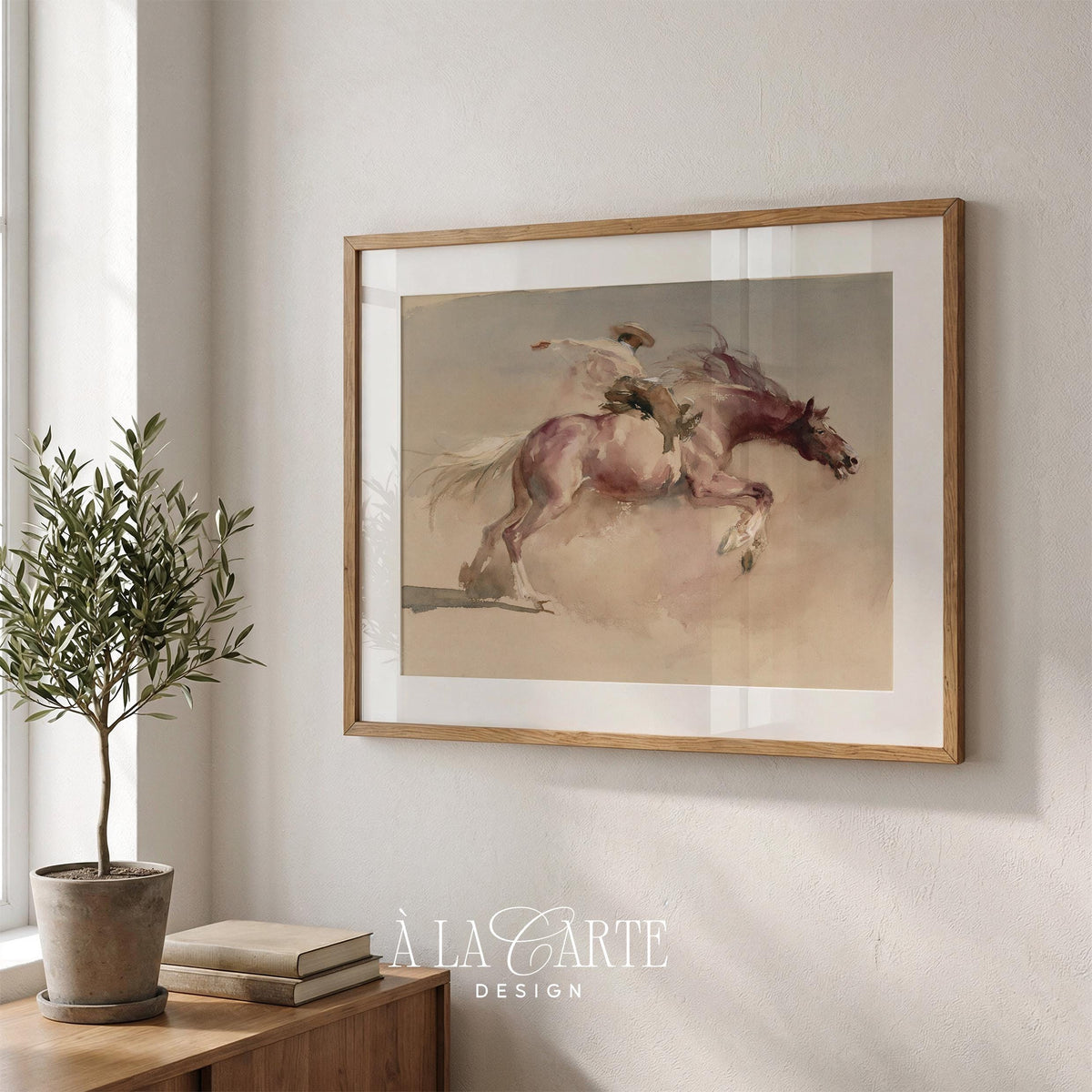 Rearing bronco rider painting printable art for bedroom — vintage rodeo aesthetic with dynamic motion and soft colors