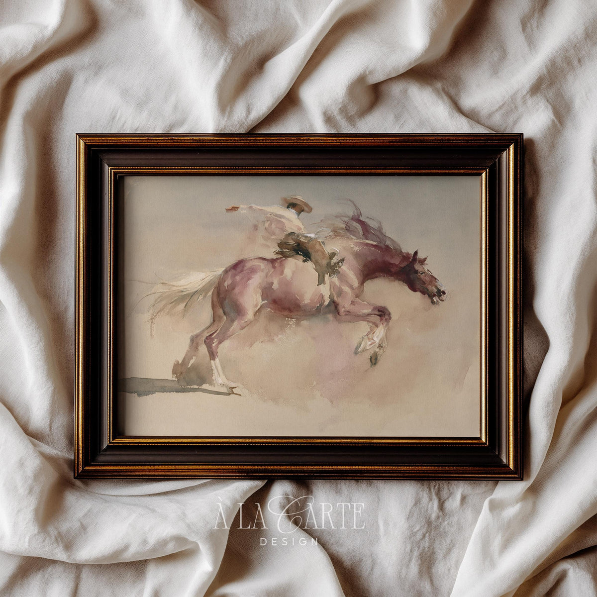 Rearing horse and rider artwork for gallery wall — vintage ranch aesthetic with dusty rose watercolor finish
