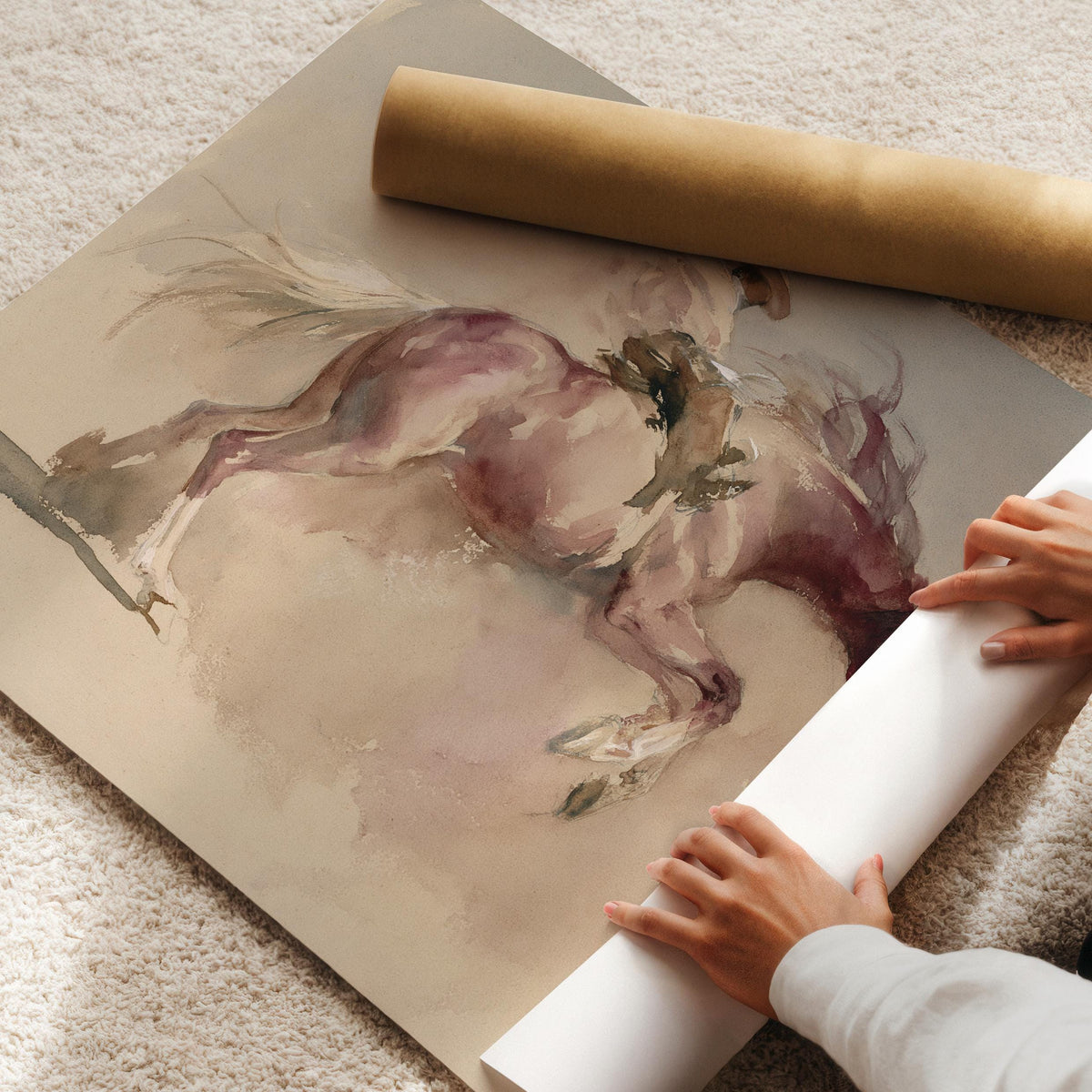 Cowboy on bucking horse digital print — moody ranch-style wall art featuring swirling dust and expressive brushstrokes