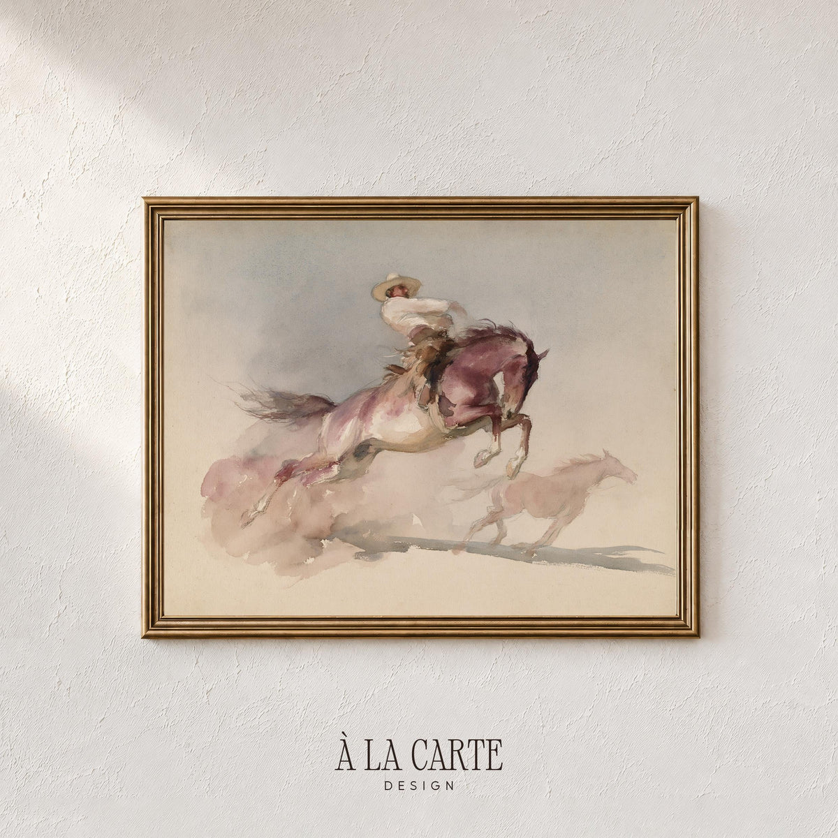Mounted rider artwork with galloping horses digital print — moody western aesthetic with soft gestural washes