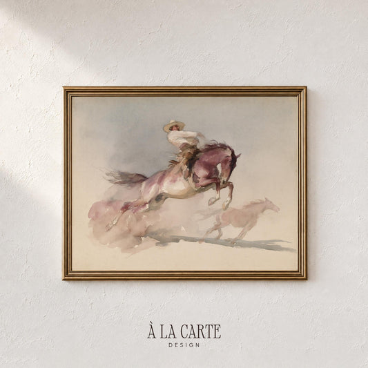 Mounted rider artwork with galloping horses digital print — moody western aesthetic with soft gestural washes