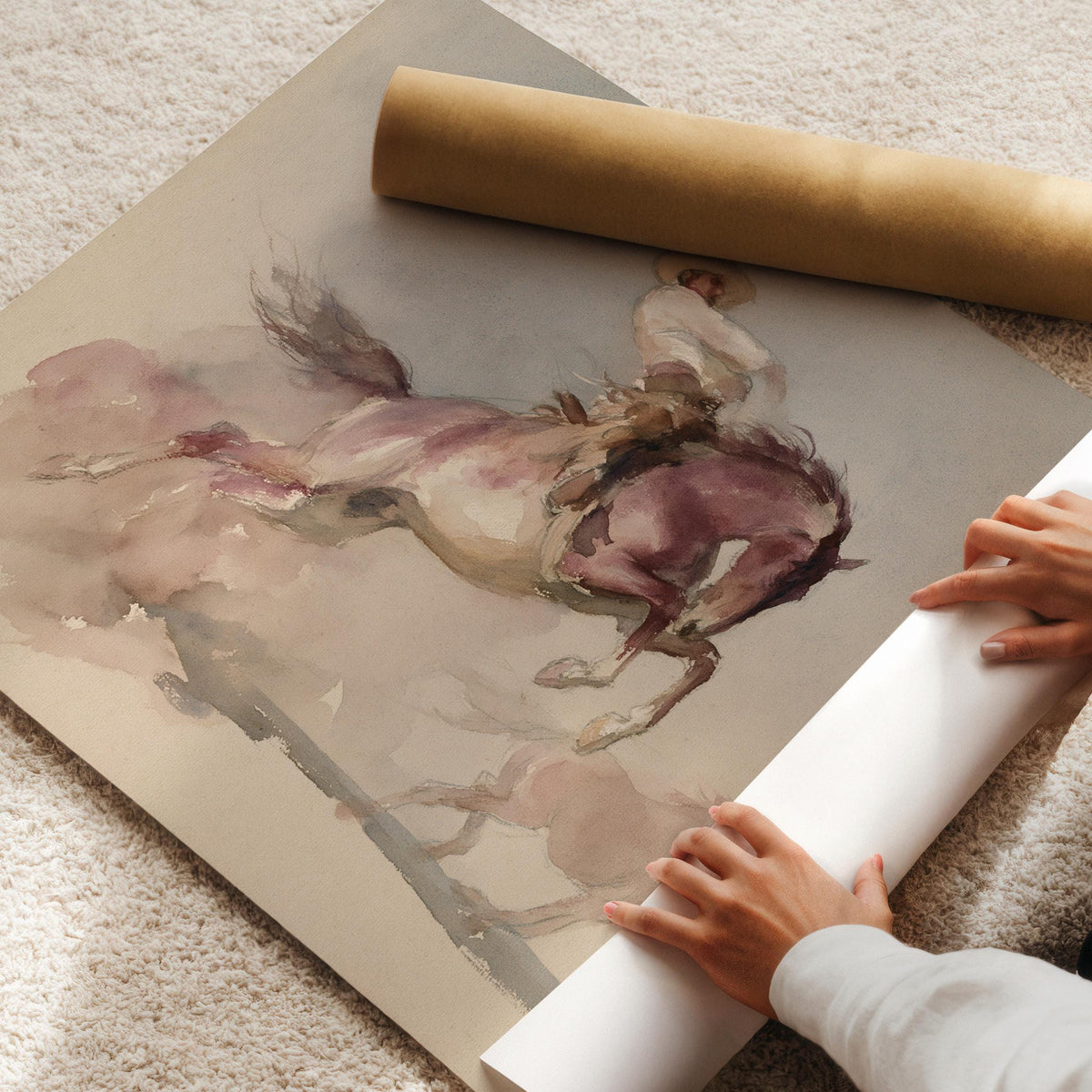 Wild west horse painting printable decor — neutral vintage tones capturing bucking action and open terrain