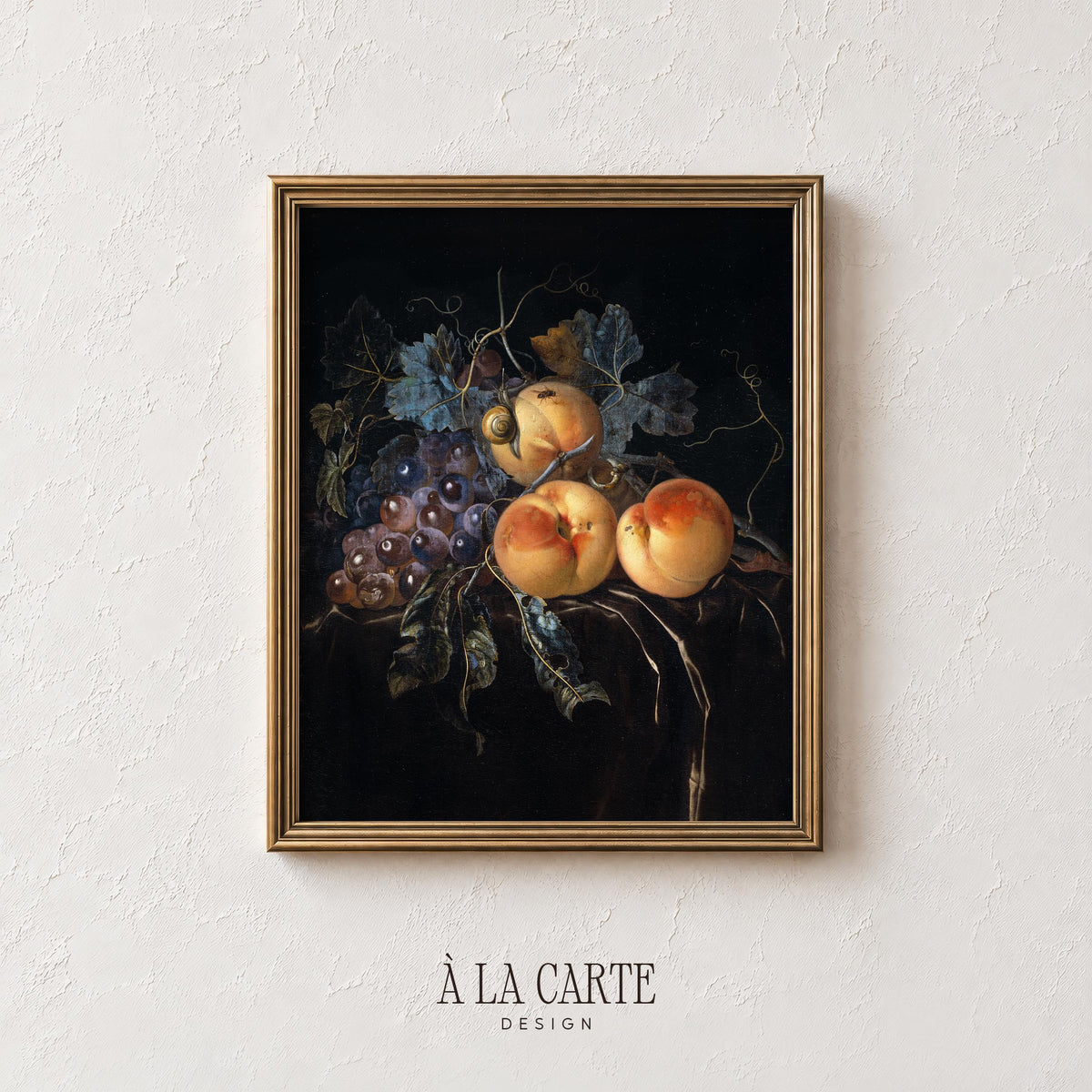 Elegant fruit study wall art poster for study — dark academia painting style with golden peach and plum accents