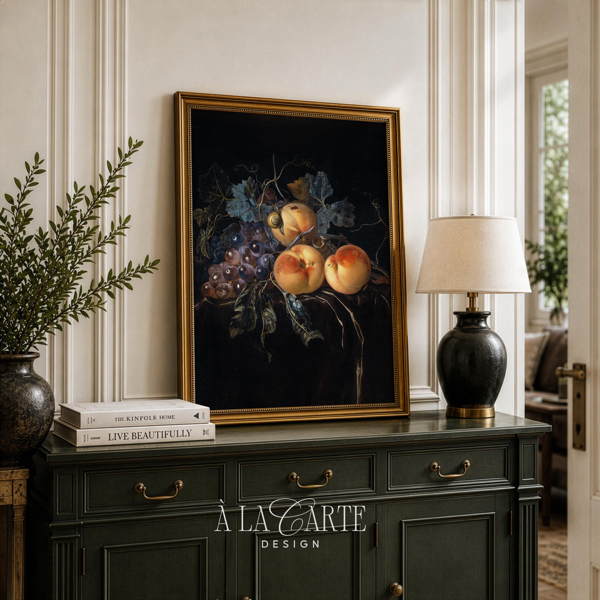 Grape and peach artwork for gallery wall — rich botanical painting with deep forest green accents