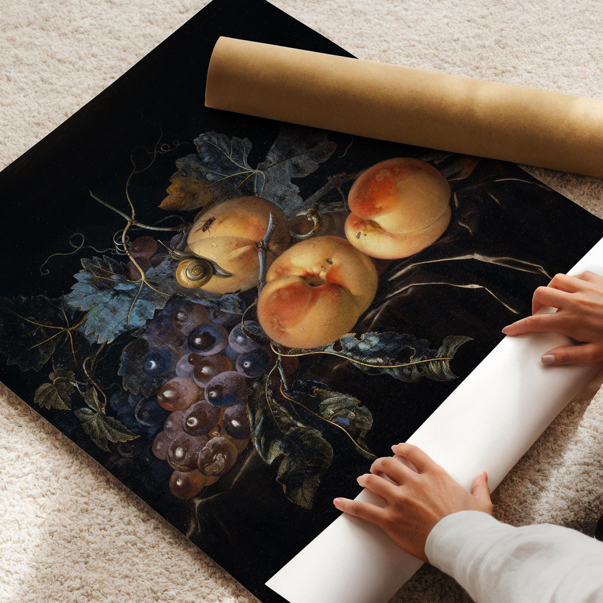 Botanical harvest picture printable art for entryway — moody dark background with jewel-toned produce