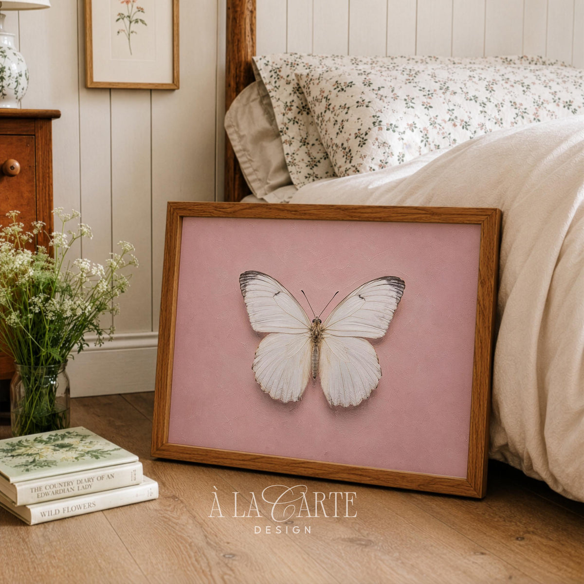 Specimen-style butterfly digital print — feminine airy artwork on pale pink textured canvas