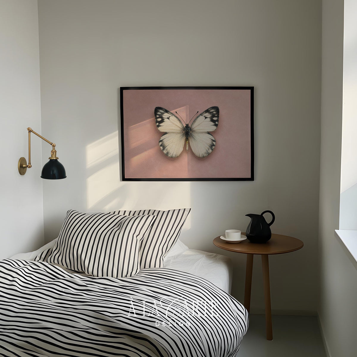 Romantic butterfly art print featuring fine botanical detail — cottage aesthetic with muted pink tones for bedroom