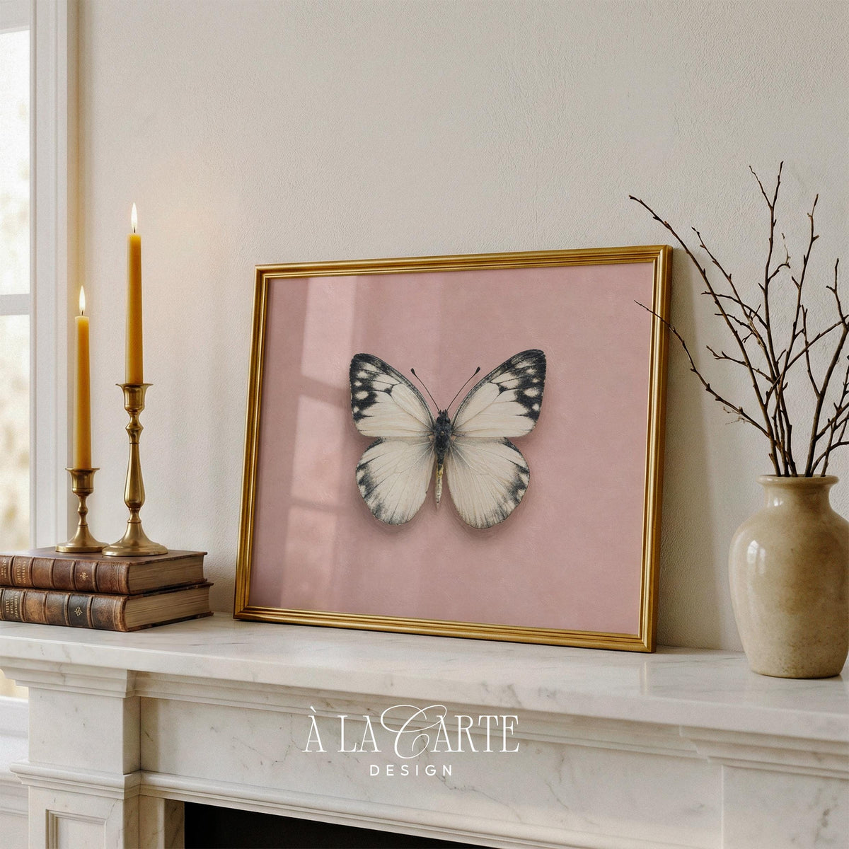 Spotted butterfly digital print with romantic vintage specimen study style — muted pink backdrop for nursery or child's room