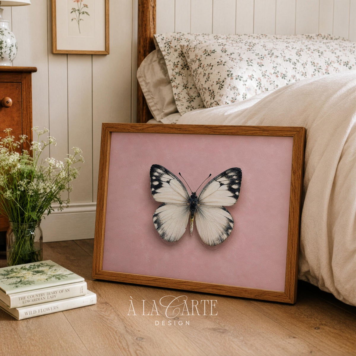 Black spotted butterfly picture printable — feminine botanical-style illustration with airy blush tones for gallery wall