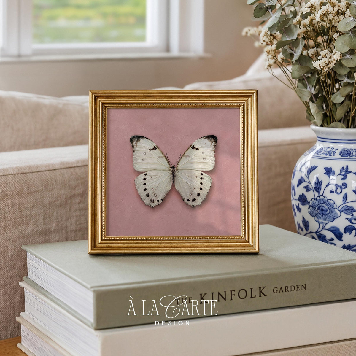 White butterfly instant download print — delicate winged specimen on aged rose background for gallery wall