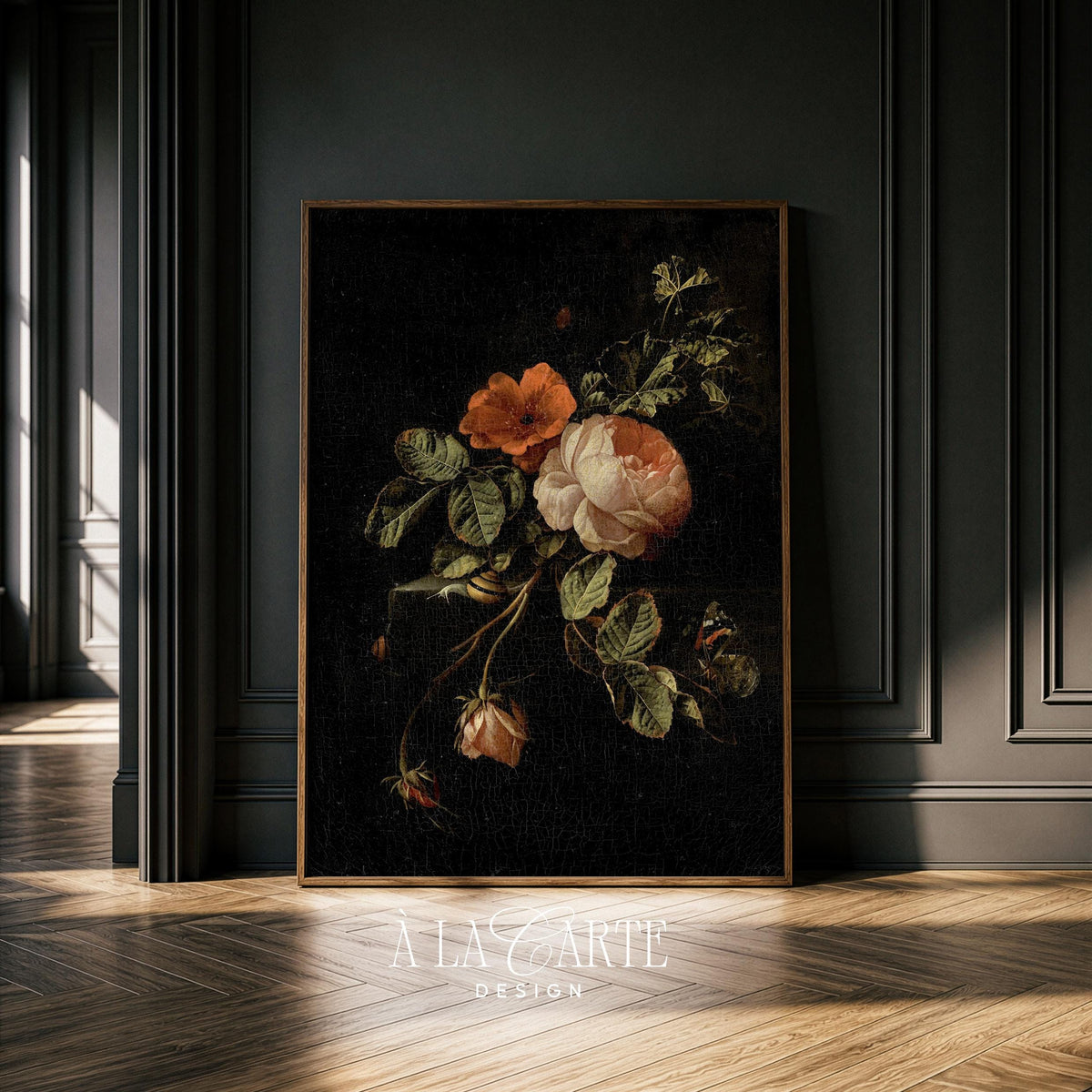 Dark Floral Still Life, Moody Flower Painting, Cottagecore Botanical Printable, Dark Aesthetic Wall Art, Antique Rose Painting V21