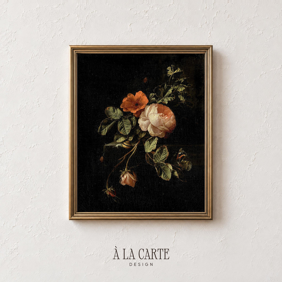 Dark Floral Still Life, Moody Flower Painting, Cottagecore Botanical Printable, Dark Aesthetic Wall Art, Antique Rose Painting V21