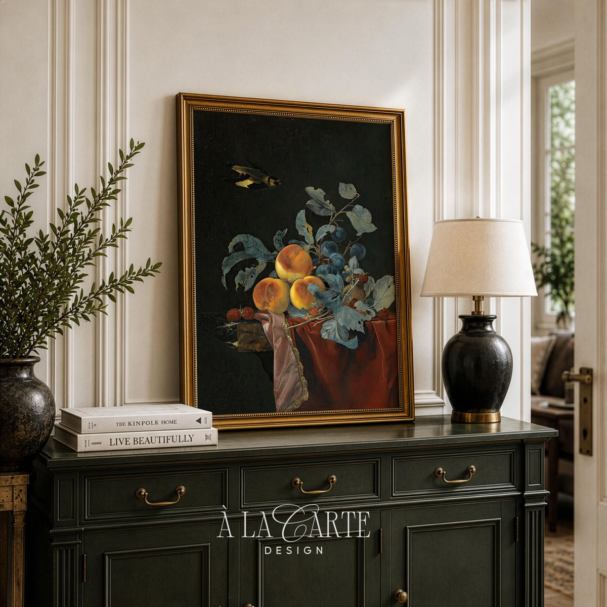 Moody Fruit Still Life, Dark Botanical Wall Art , Cottagecore Kitchen Decor, Baroque Painting with Peaches V22