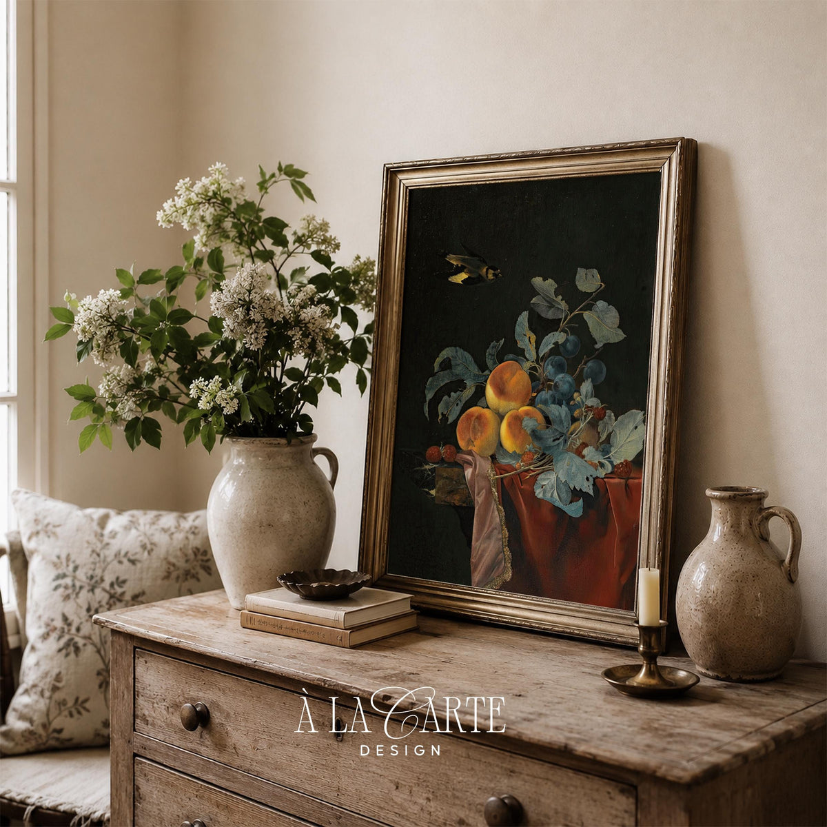 Moody Fruit Still Life, Dark Botanical Wall Art , Cottagecore Kitchen Decor, Baroque Painting with Peaches V22