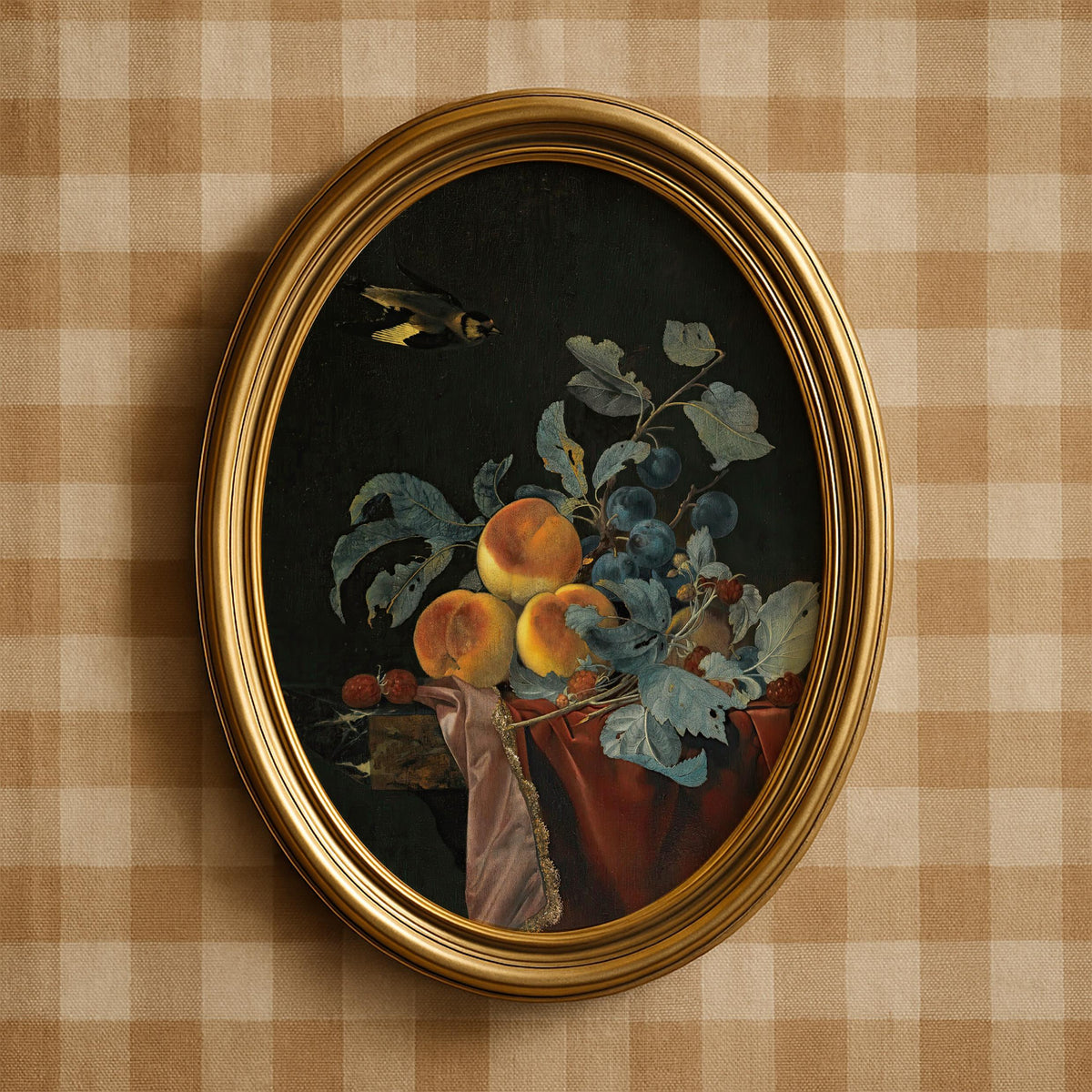 Moody Fruit Still Life, Dark Botanical Wall Art , Cottagecore Kitchen Decor, Baroque Painting with Peaches V22