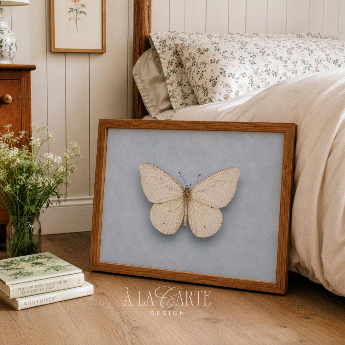 Delicate winged insect wall art for study — antique curiosity cabinet aesthetic with muted neutral tones