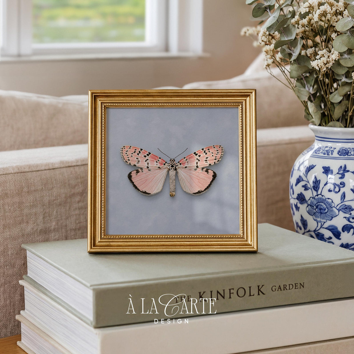 Cottagecore wall picture for study — symmetrical butterfly study in muted pastels with faded heritage botanical feel