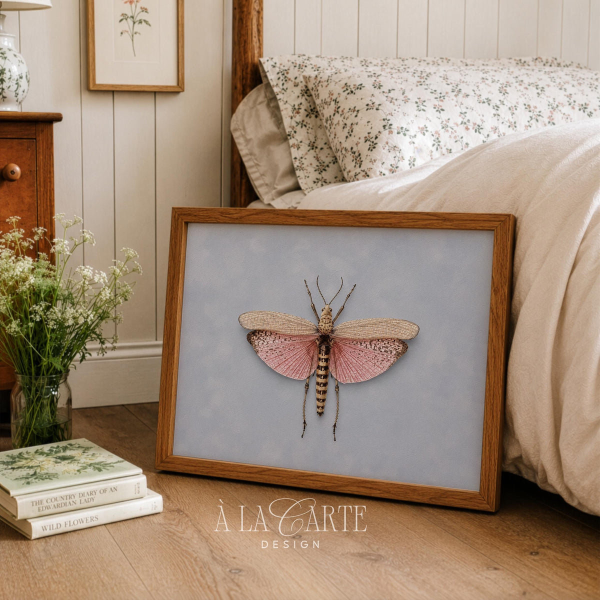 Vintage butterfly illustration printable art for bedroom — delicate specimen with blush wings and muted blue background
