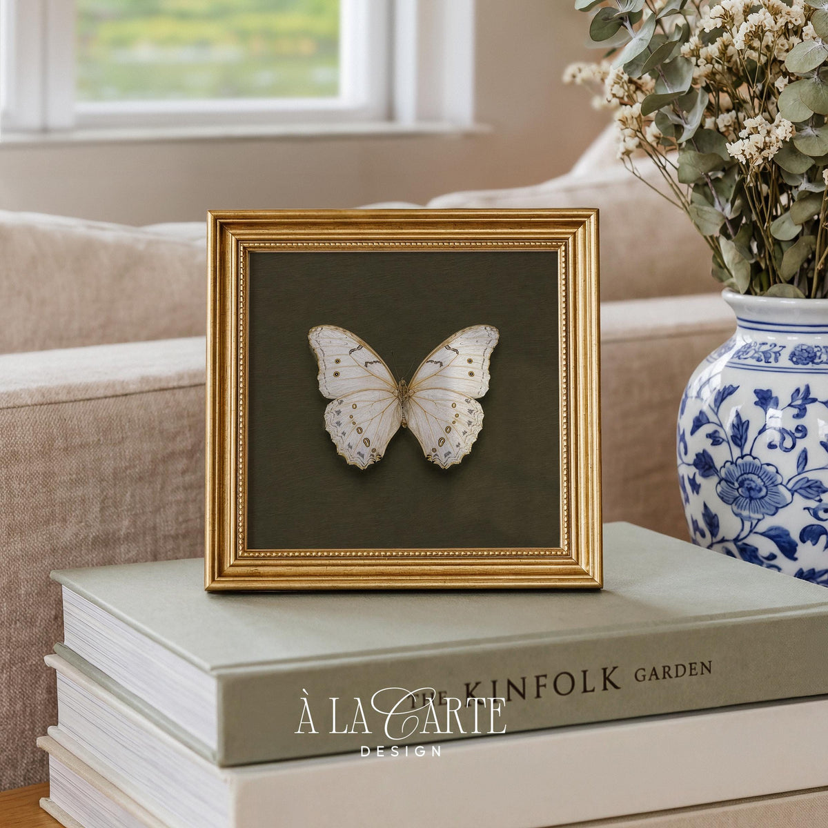 Soft botanical artwork displaying winged creature — rustic gallery wall print with naturalist charm