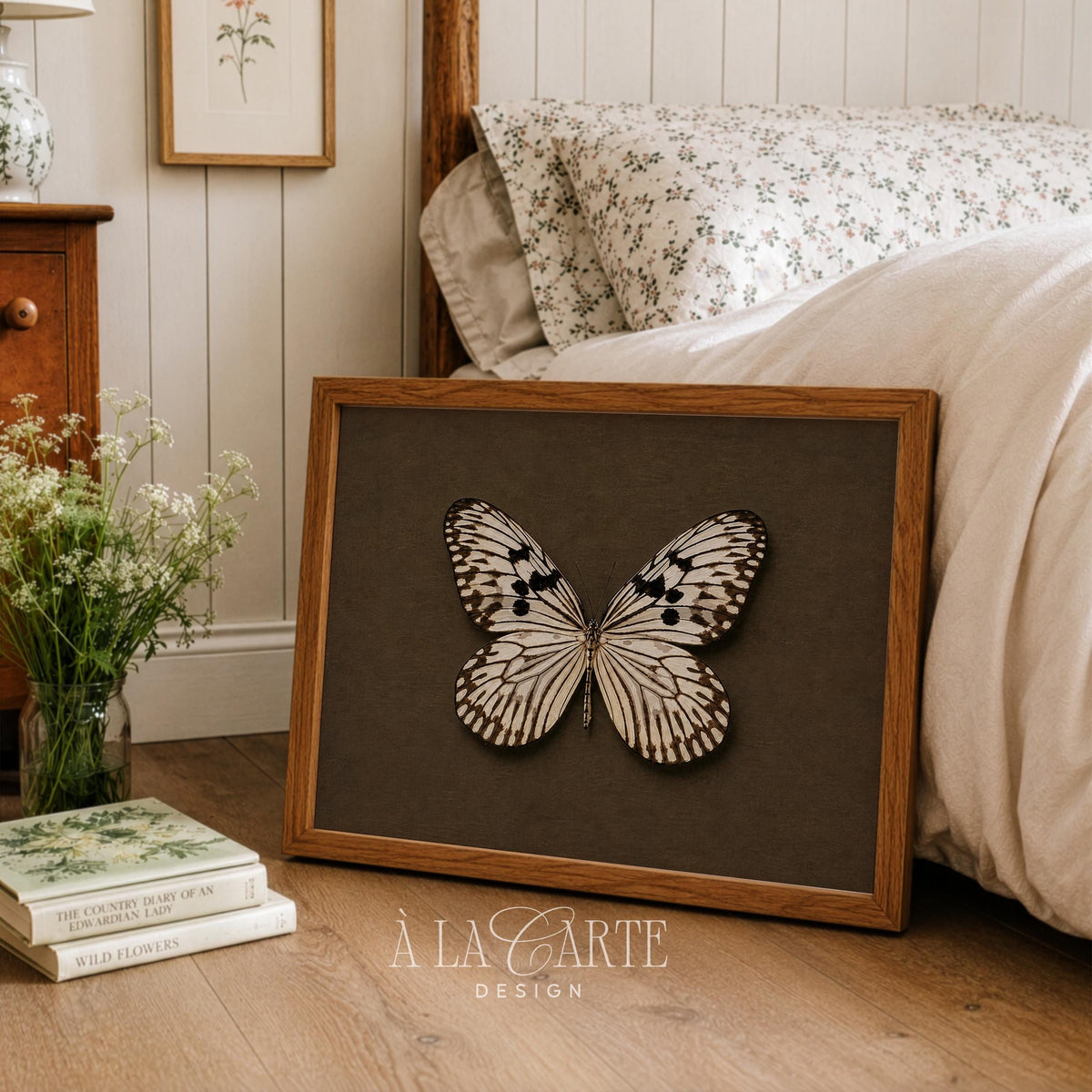 Cream butterfly wall decor for gallery wall — rustic naturalist artwork with dark spotted patterns