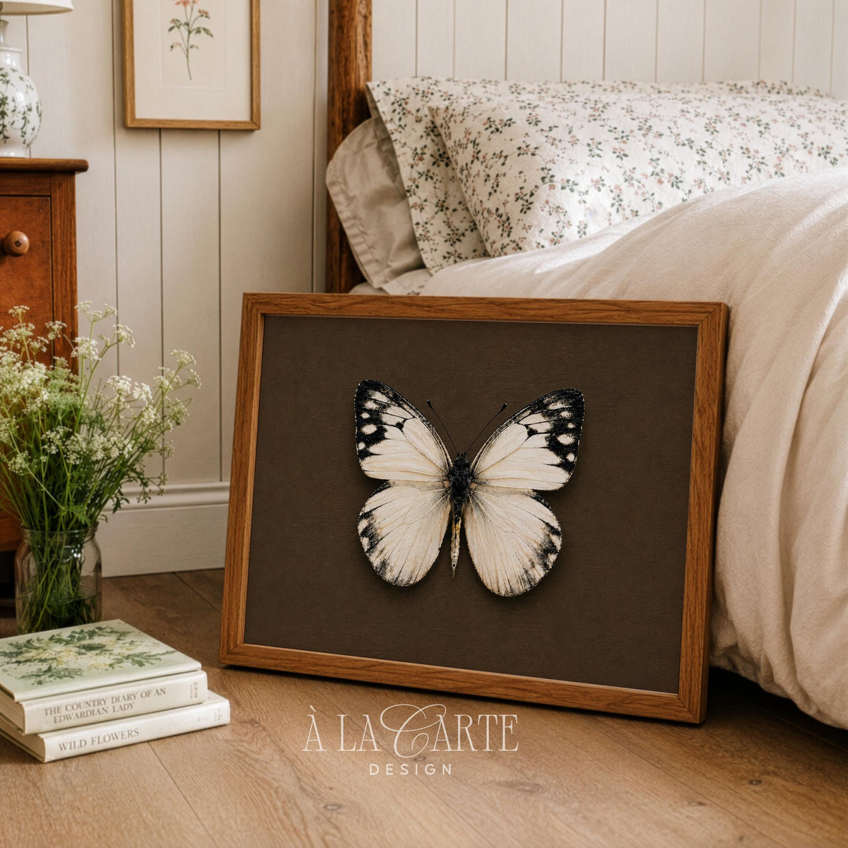 Cottagecore butterfly wall art featuring realistic entomology design on rich brown backdrop