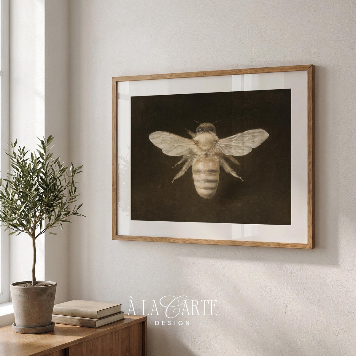 Antique entomology print for hallway — painterly bee illustration with weathered, shadowy ambiance