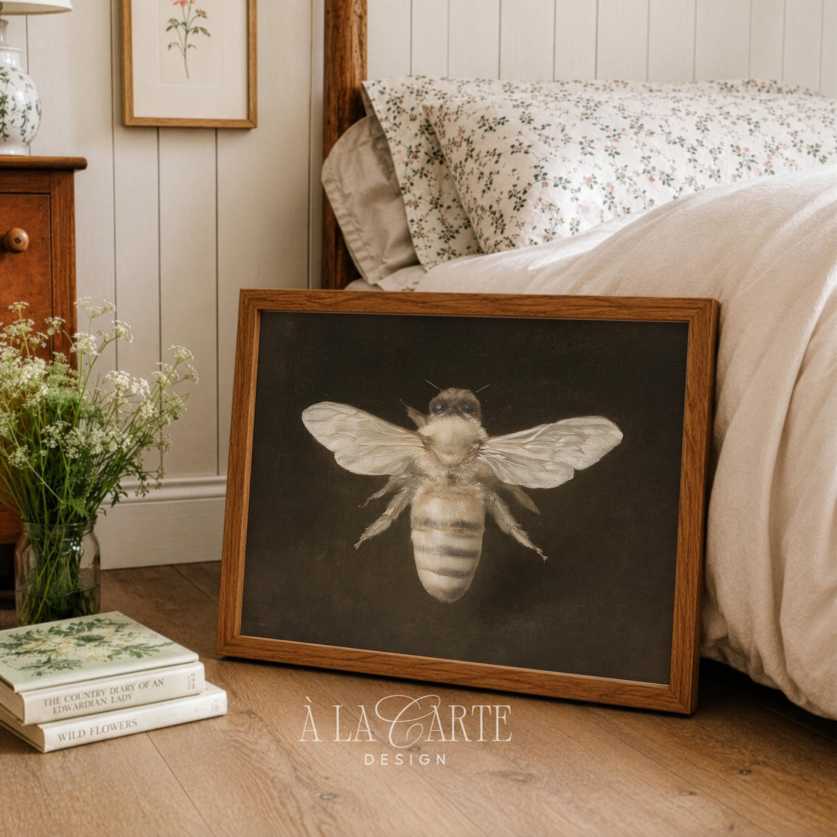 Antique insect painting for bedroom wall decor — detailed wings with soft vintage brushwork and moody tones