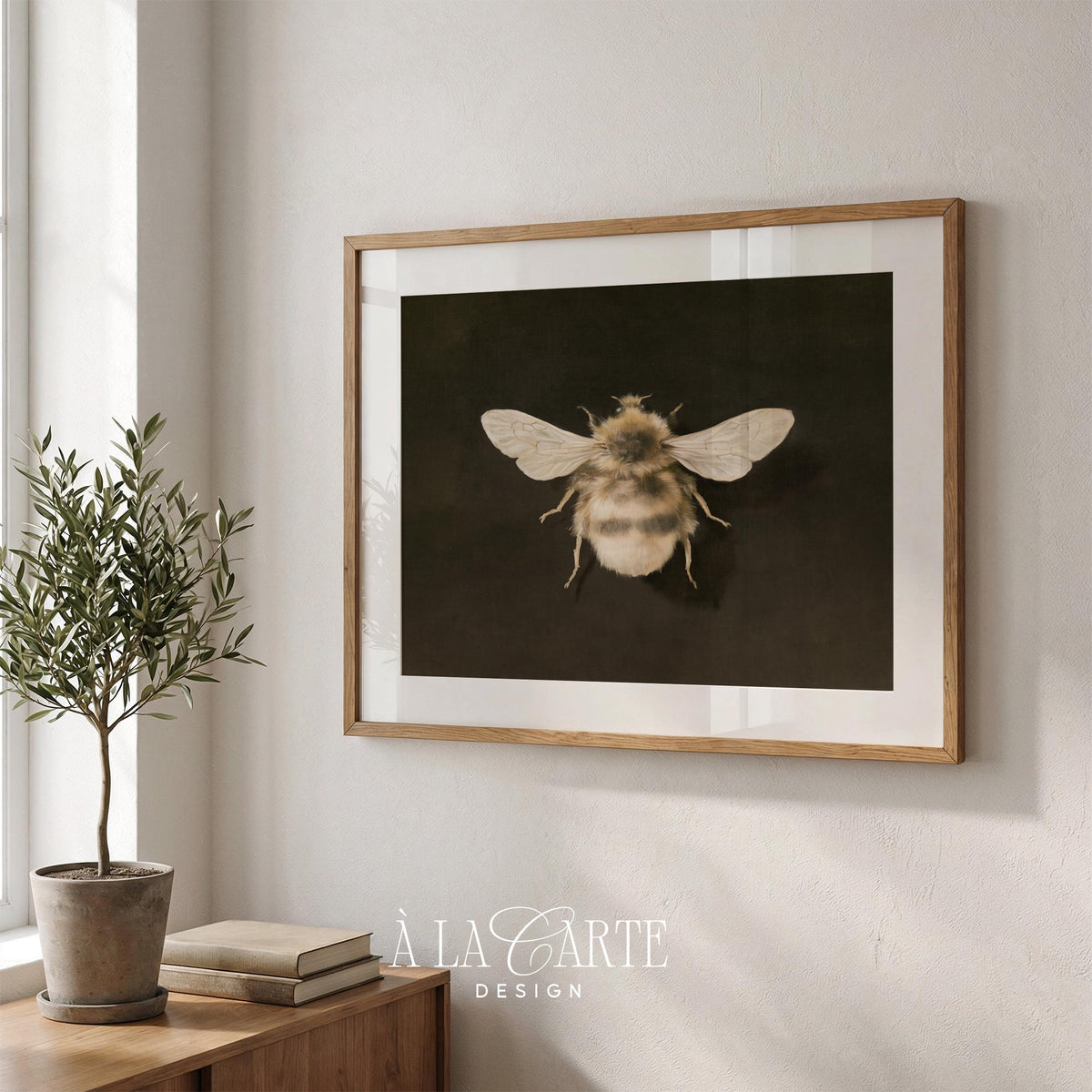 Bumblebee illustration wall art for study — vintage naturalist print with moody charcoal background and golden detail