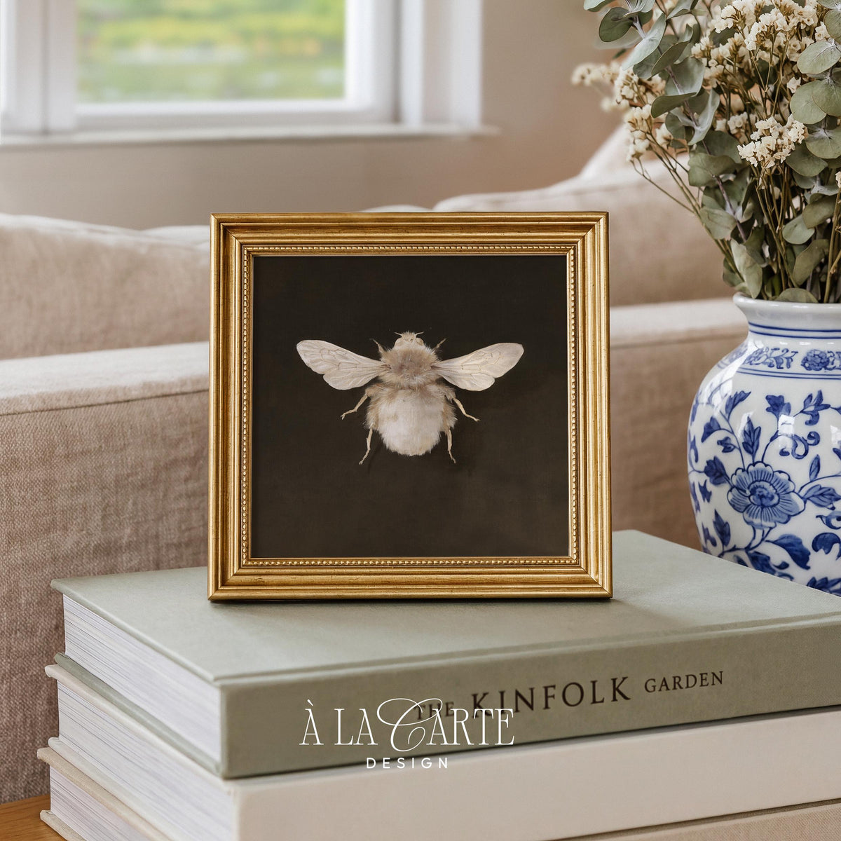 Vintage bee painting printable illustration for office — delicate specimen artwork with brushed finish and moody scholarly mood