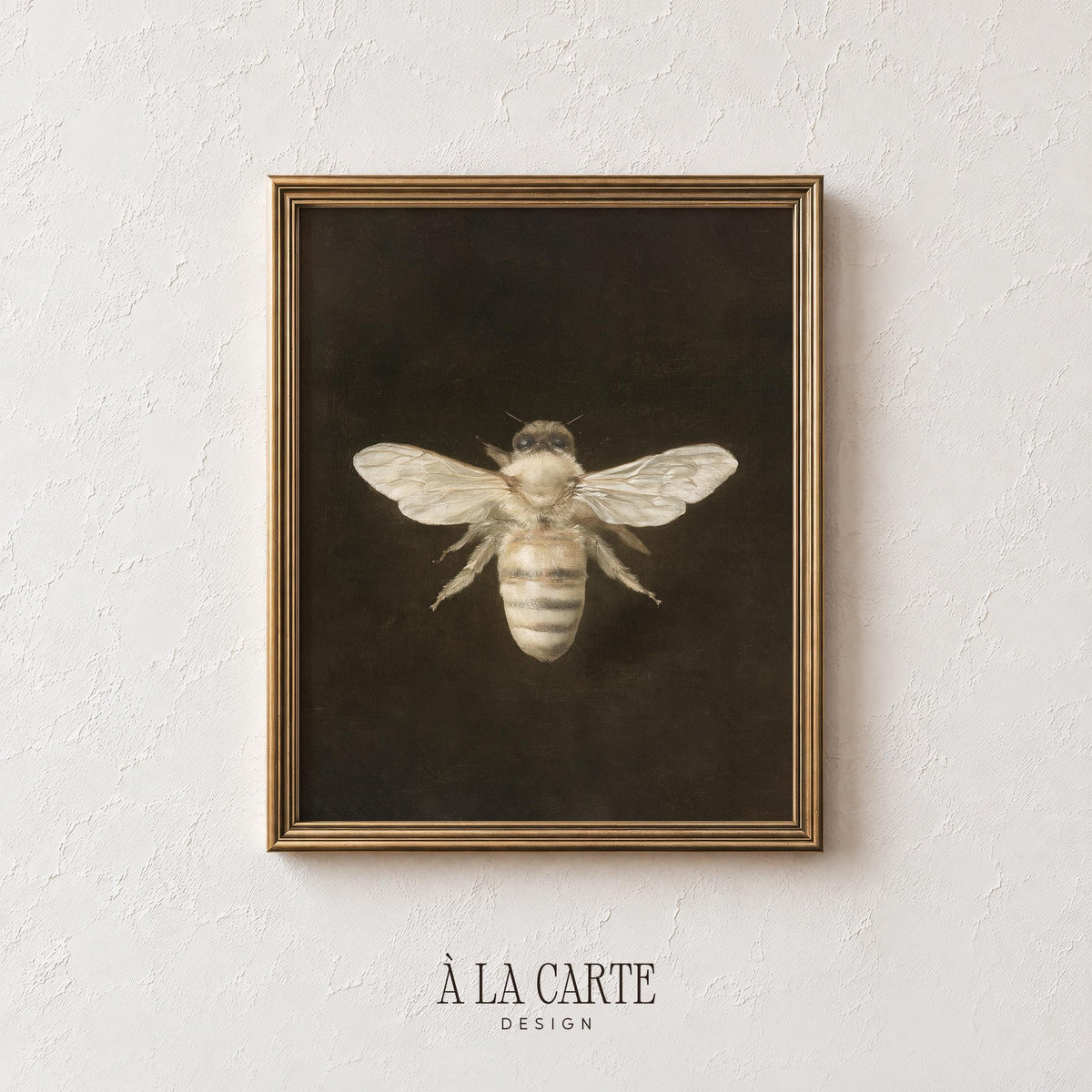 Dark academia bee poster for library — classical natural history illustration with soft shading and museum-quality appearance