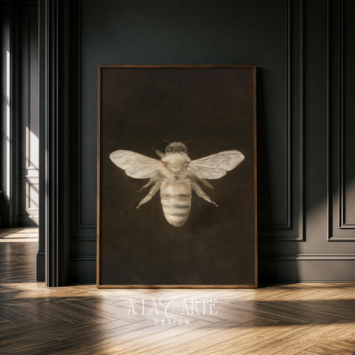 Sophisticated insect poster featuring vintage aesthetic — detailed bee with aged patina effect and dramatic lighting