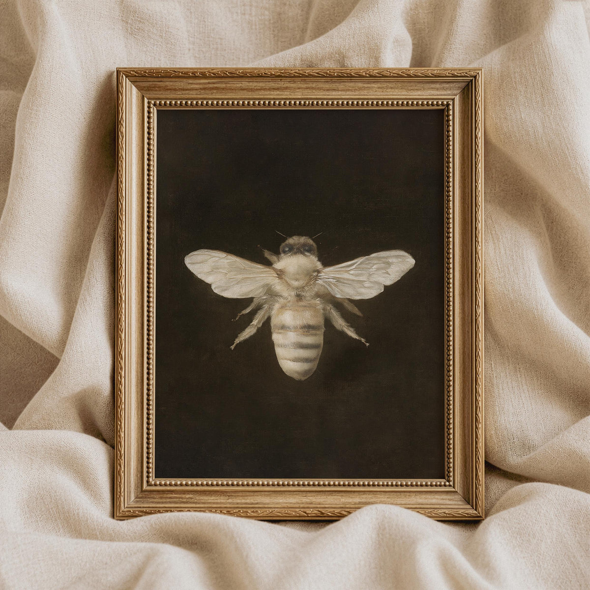 Botanical bee artwork instant download for home — richly-textured dark background enhancing pale delicate wing details