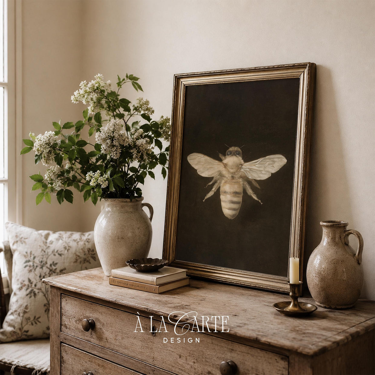 Vintage scientific bee illustration wall decor — creamy toned insect study reminiscent of antique field guide engravings
