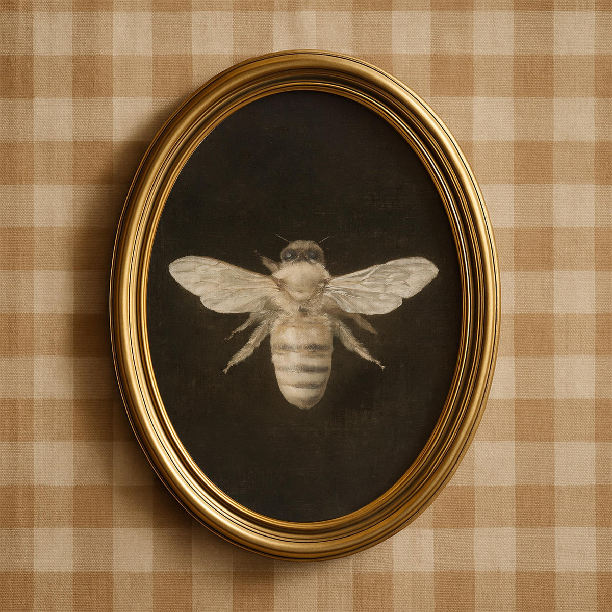 Vintage entomology wall art digital download — overhead bee rendering in warm honey hues on mysterious dark surface
