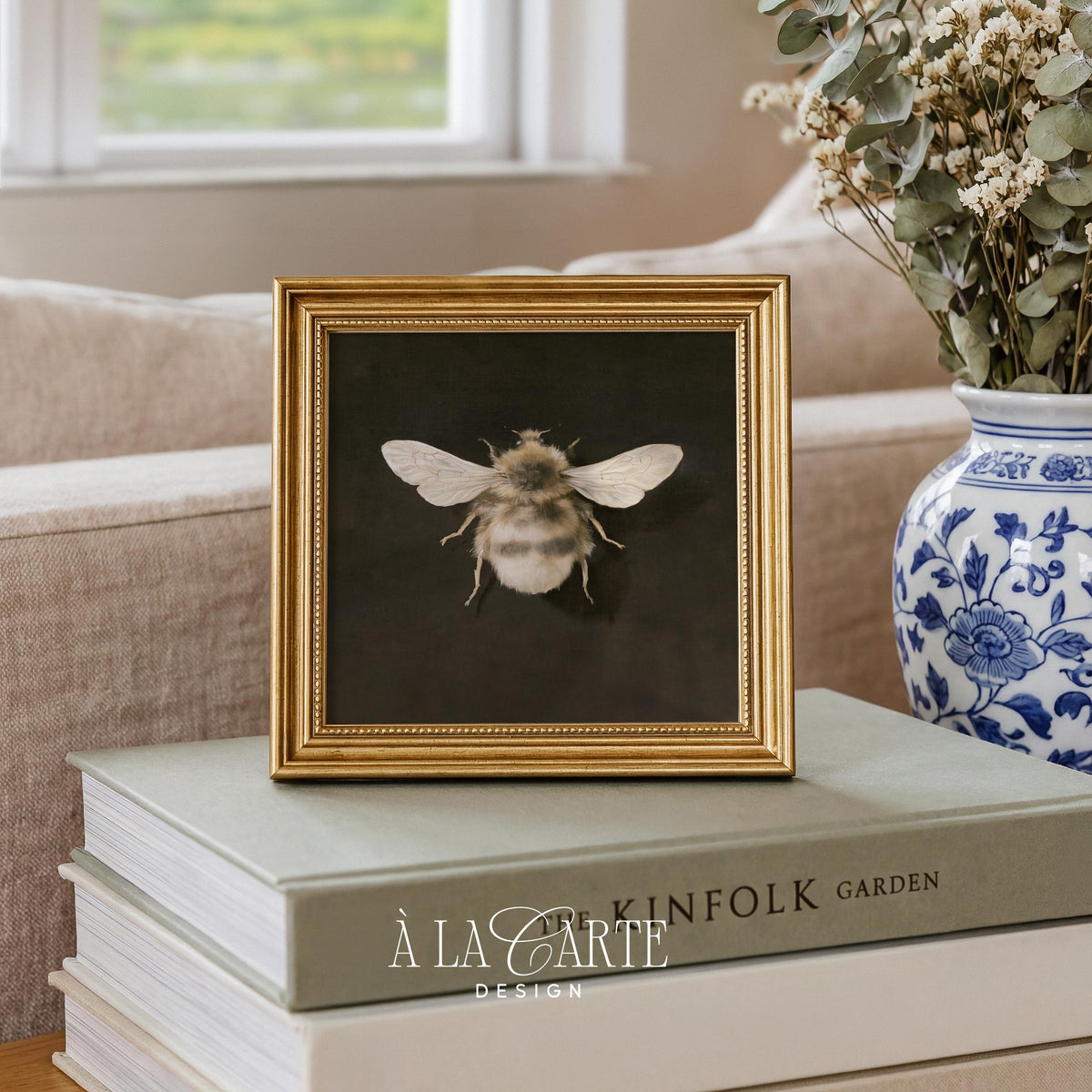 Botanical bee wall picture for den — moody vintage specimen with charcoal background