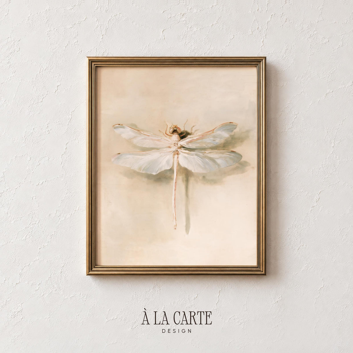 Botanical dragonfly digital download wall art — serene naturalist-style painting with muted earthy background