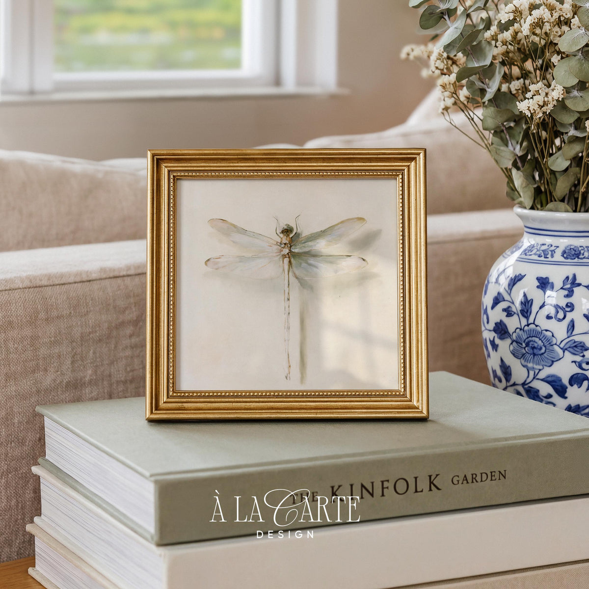 Dragonfly picture instant download — antique-inspired nature study on warm ivory backdrop