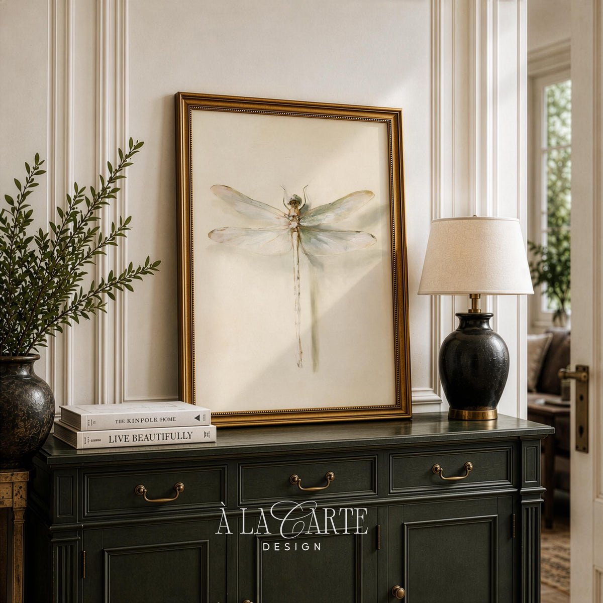 Insect wall decor printable art for gallery wall — fine linework botanical drawing with dusty gold accents