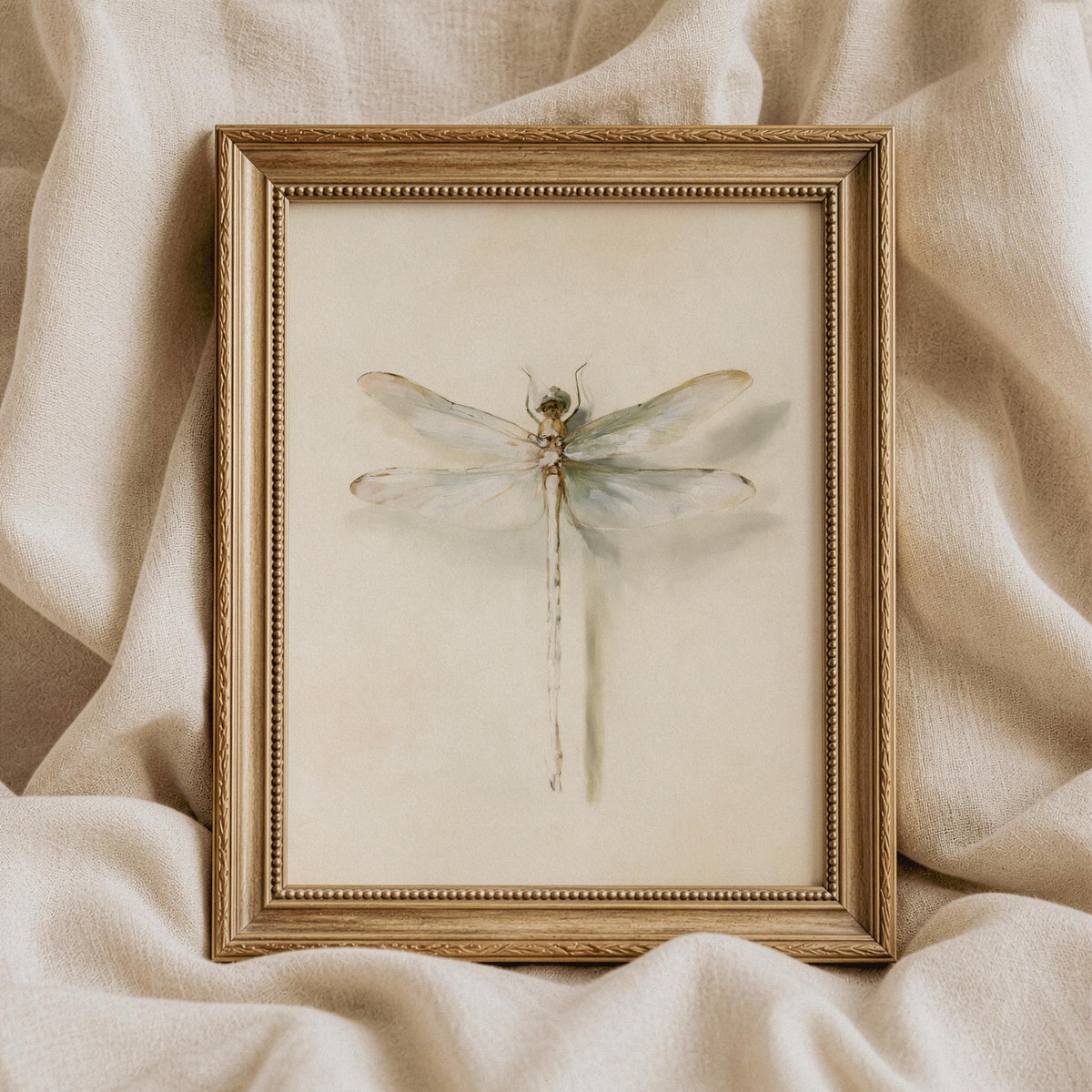 Dragonfly gallery wall art printable — delicate watercolor nature piece with muted earthy tones