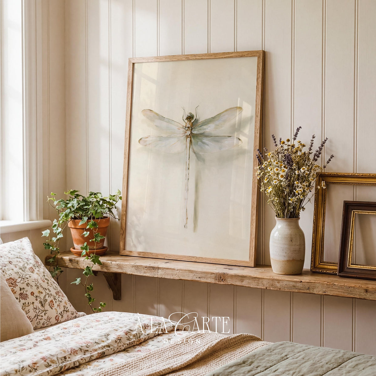 Dragonfly digital print for bedroom — cottagecore specimen art with aged paper aesthetic