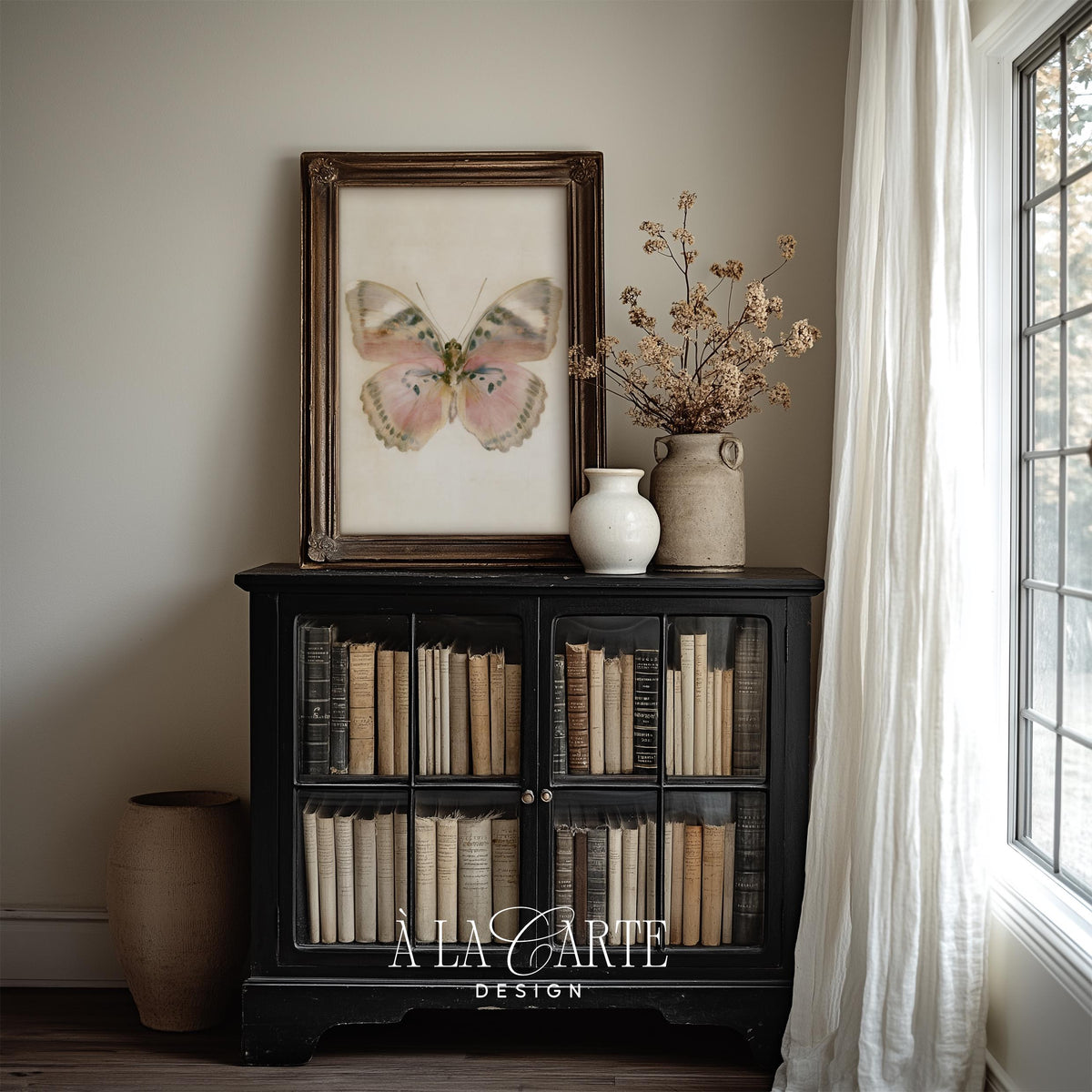 Delicate butterfly printable art for bedroom — soft pink and cream vintage natural history illustration