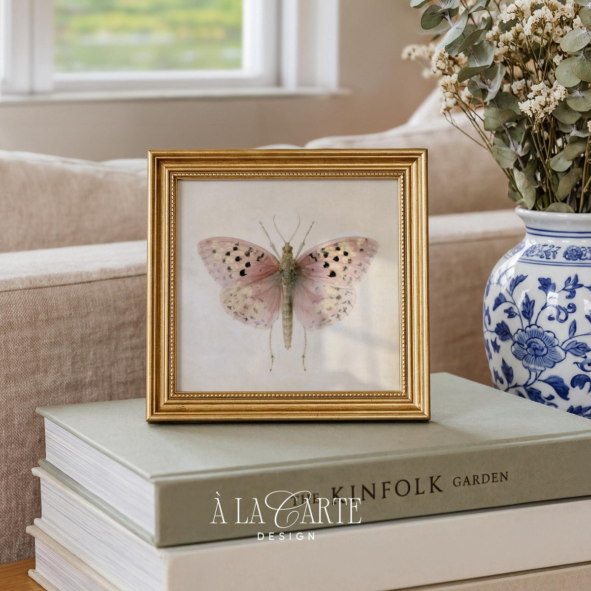 Antique-style insect painting wall art with romantic botanical details and warm cream tone for entryway