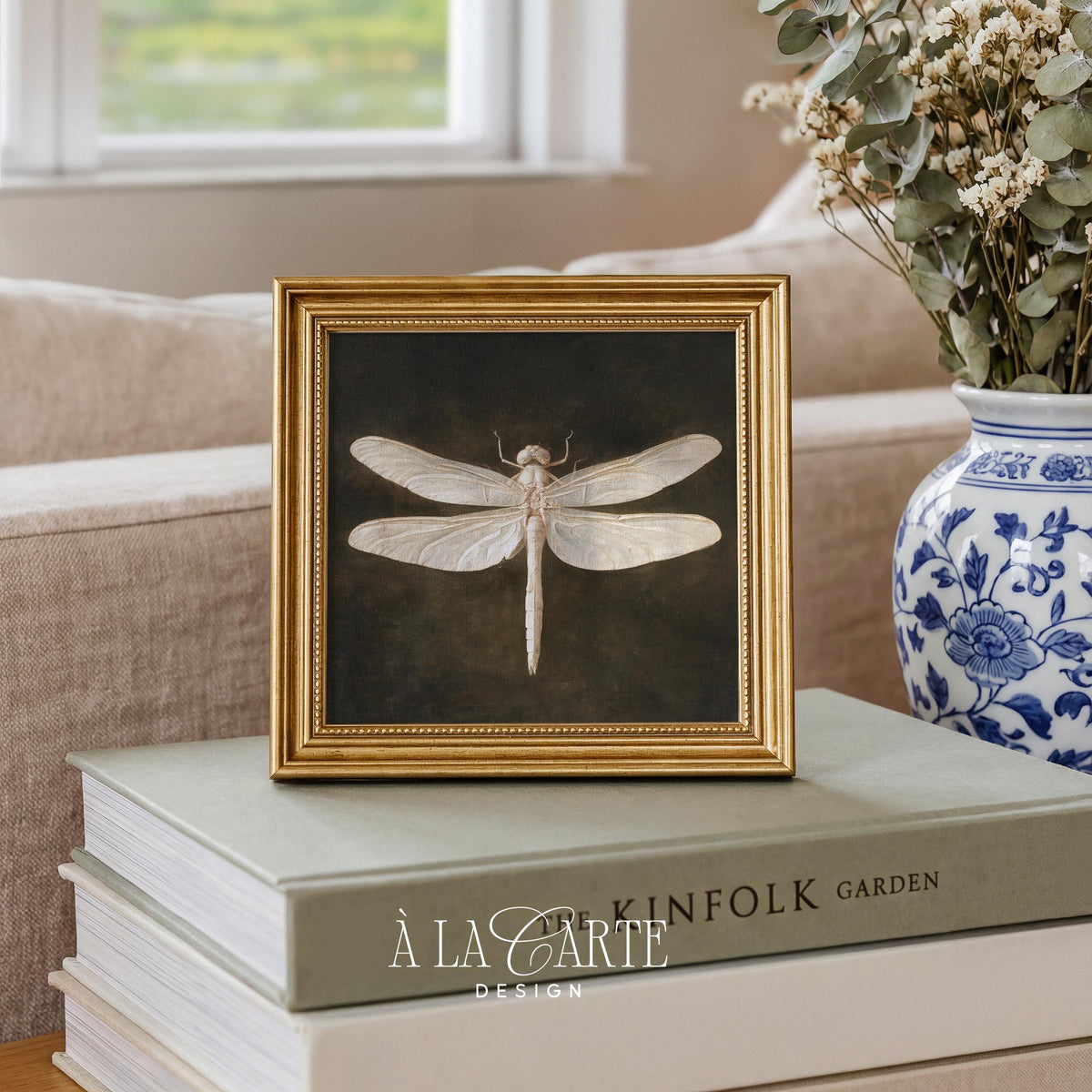 Dragonfly digital art print featuring pale wings against weathered vintage backdrop with dark academia mood