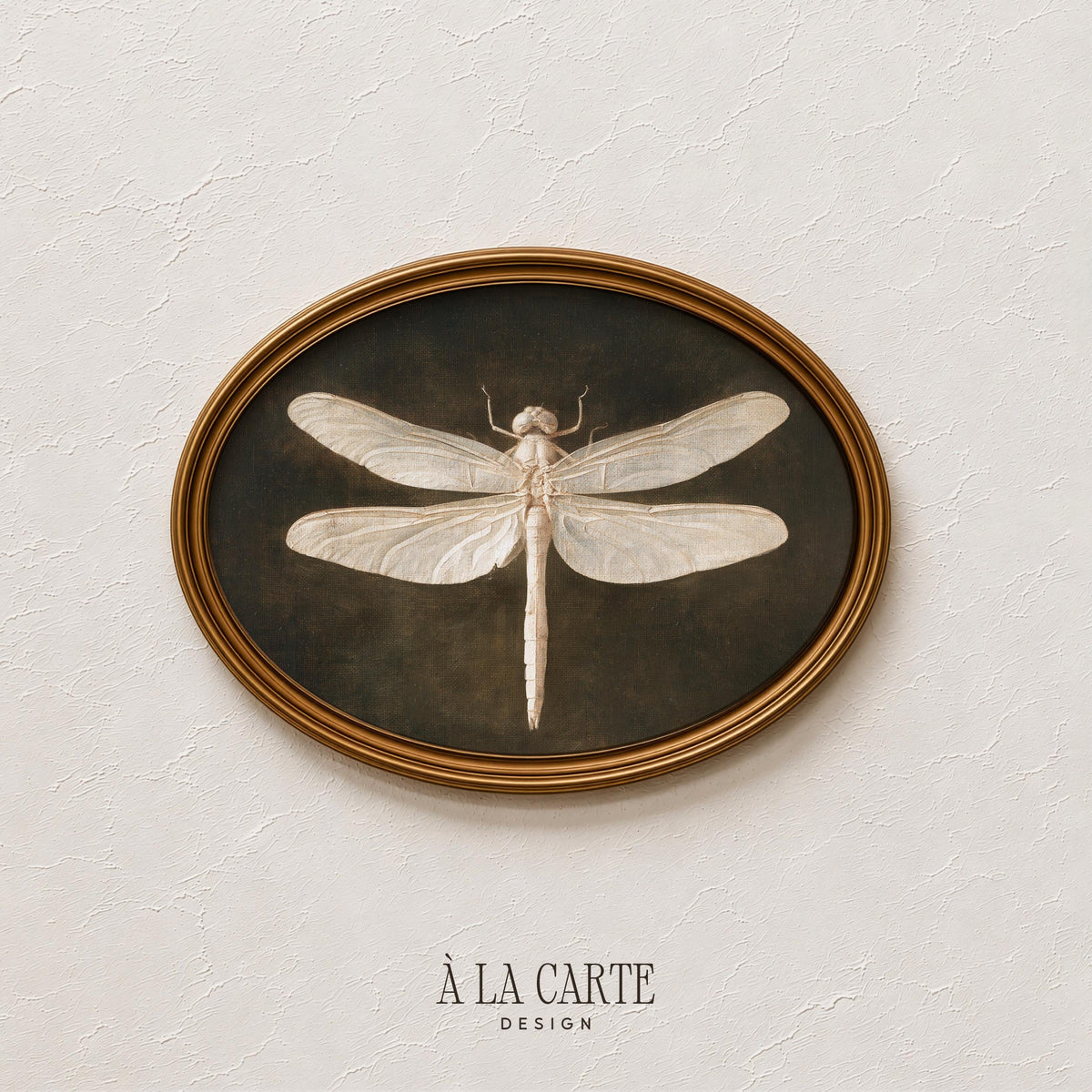 Vintage dragonfly picture for office — atmospheric aged painting featuring pale insect on moody weathered backdrop