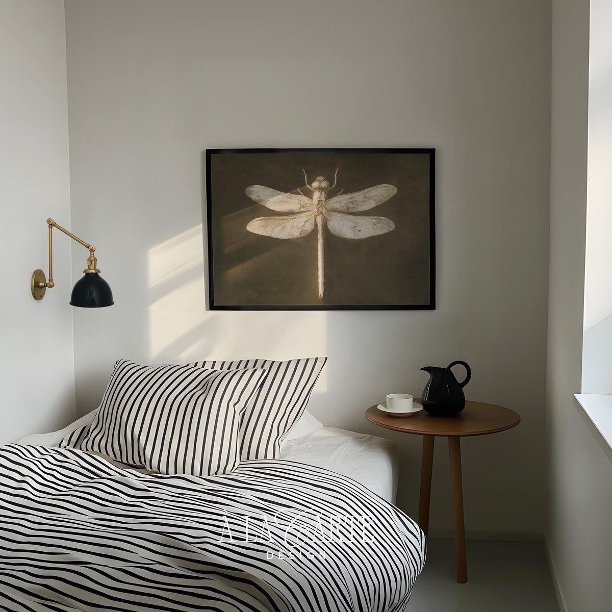 Antique nature illustration poster — dragonfly specimen study with charcoal backdrop and old-world scientific aesthetic