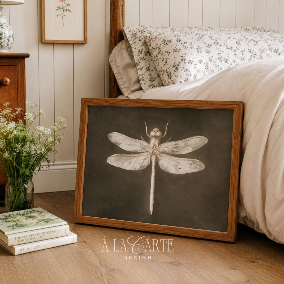 Dragonfly wings digital print for library — moody scientific illustration with aged patina and weathered texture