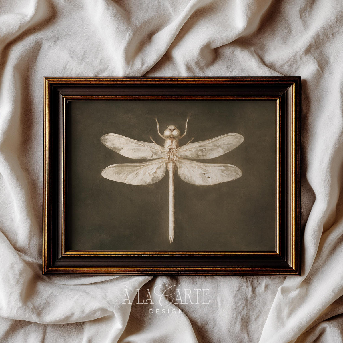 Dragonfly anatomical artwork digital download — detailed naturalist print with vintage patina finish and moody sepia palette