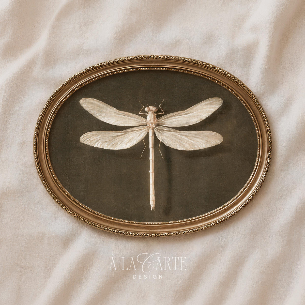 Dragonfly artwork print for gallery display — antique-inspired with muted olive and cream palette plus distressed vintage character