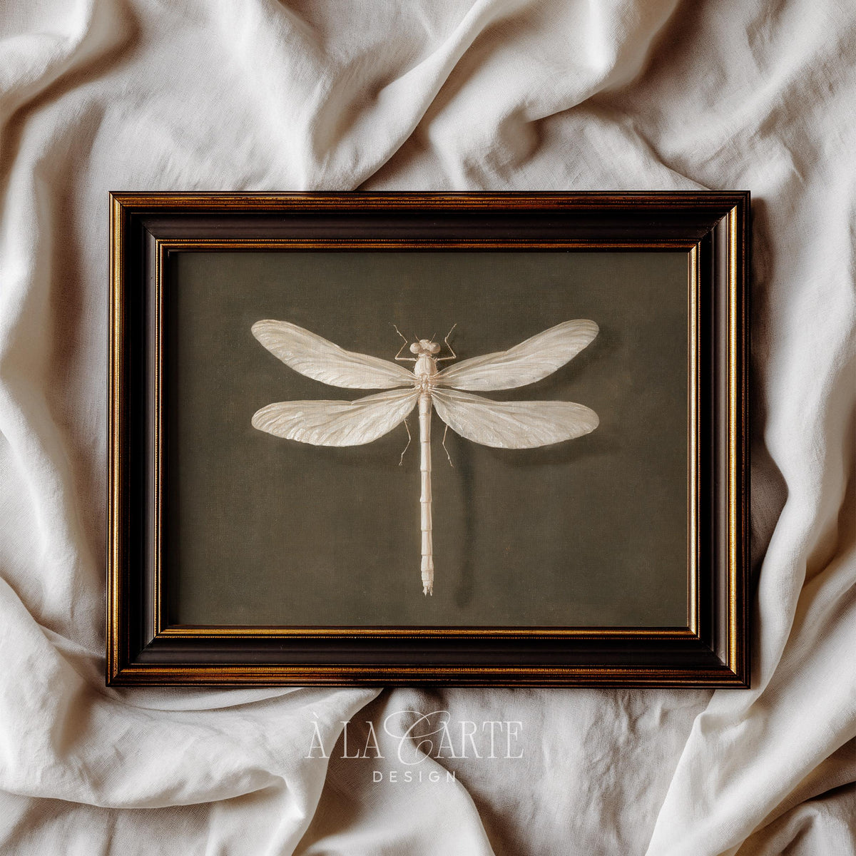 Vintage dragonfly wall art printable for study — cream wings on deep olive background with antique naturalist aesthetic