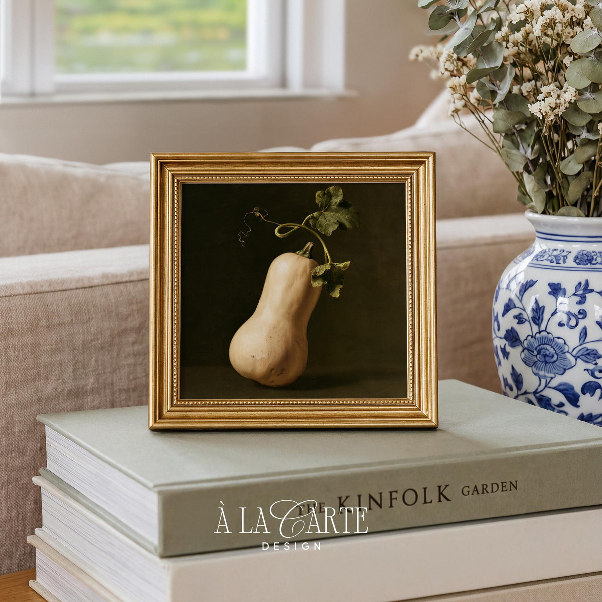 Rustic gourd digital wall art for kitchen — vintage-inspired oil painting with softly lit root vegetable and weathered plant details